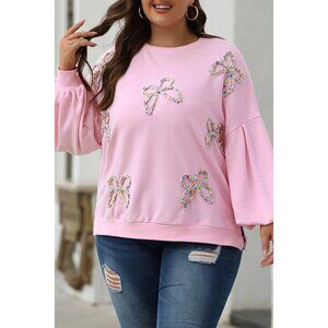 Bow Decorated Pullover Sweatshirt Women Pink Size M